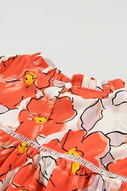image-Orange Floral Bubble Sleeve Frill Neck Loose Blouse