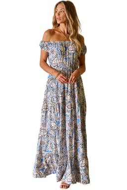 image-Blue Boho Paisley Print Off Shoulder Maxi Dress