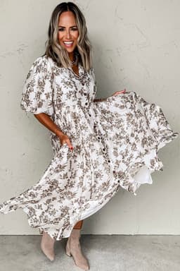 image-Khaki Floral Puff Sleeve V Neck Maxi Dress