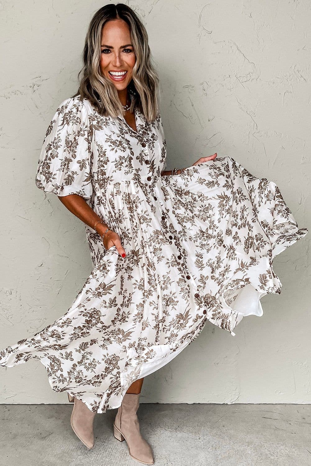 image-Khaki Floral Puff Sleeve V Neck Maxi Dress