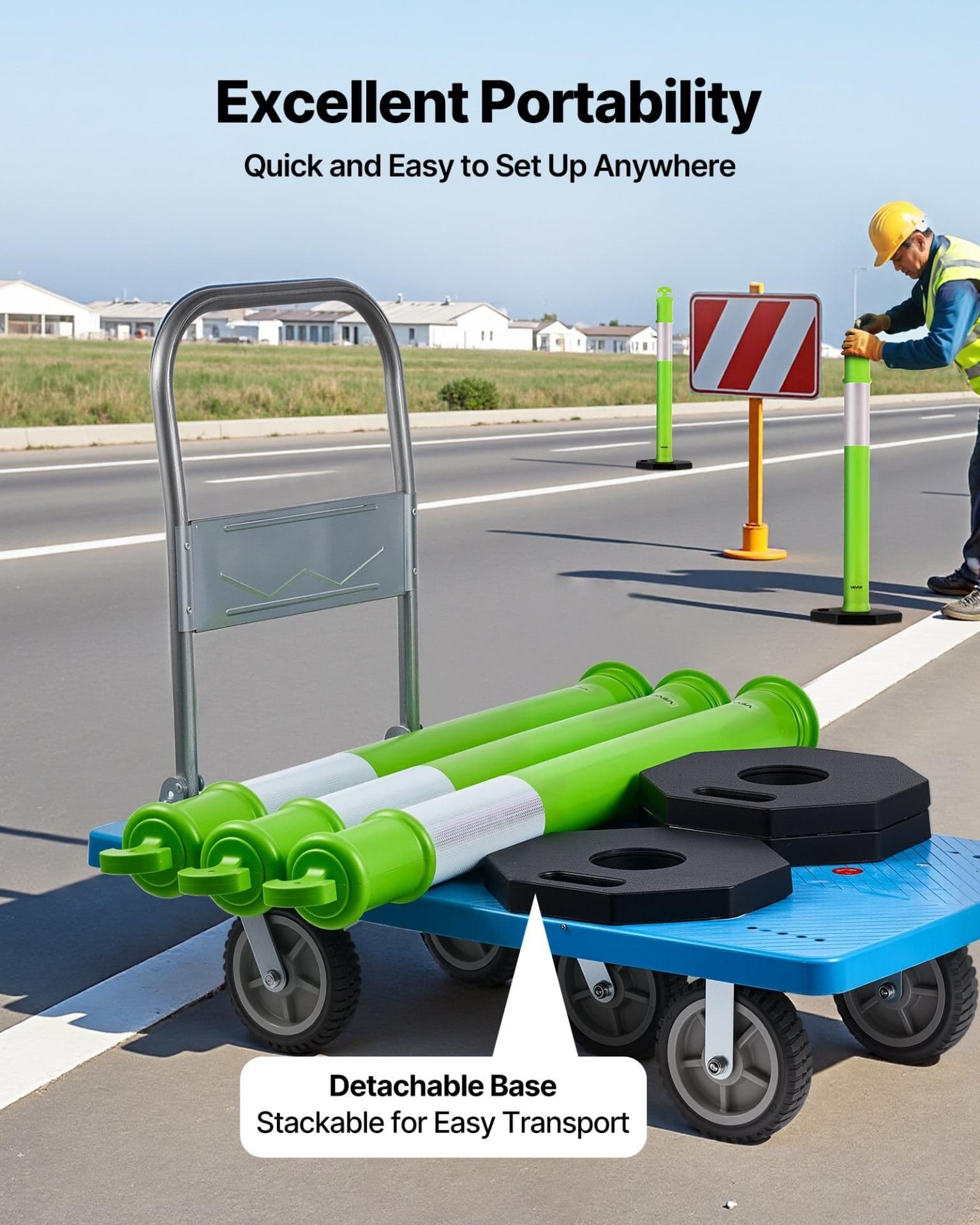 image-VEVOR 3 Pack Traffic Delineator Posts, 48 inches Traffic Safety Cones with Weighted Base and Reflective Strips, Heavy Duty Delineator Posts for Construction Site, Parking Lot, Crowd Control, Green