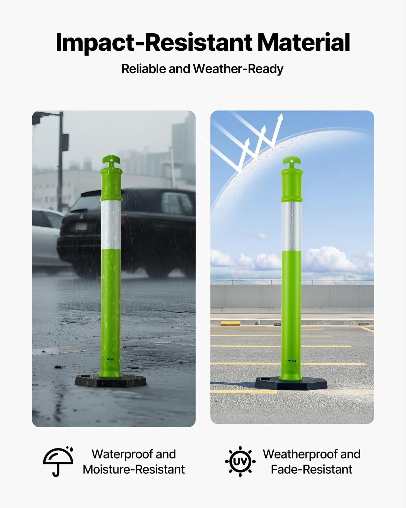 image-VEVOR 3 Pack Traffic Delineator Posts, 48 inches Traffic Safety Cones with Weighted Base and Reflective Strips, Heavy Duty Delineator Posts for Construction Site, Parking Lot, Crowd Control, Green