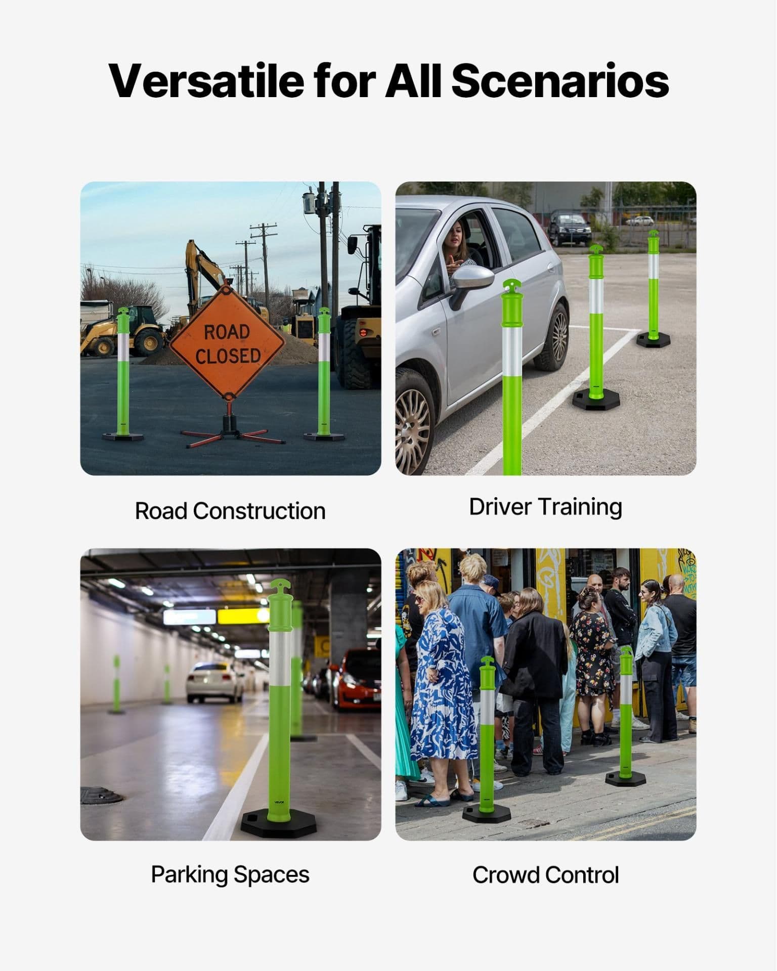 image-VEVOR 3 Pack Traffic Delineator Posts, 48 inches Traffic Safety Cones with Weighted Base and Reflective Strips, Heavy Duty Delineator Posts for Construction Site, Parking Lot, Crowd Control, Green