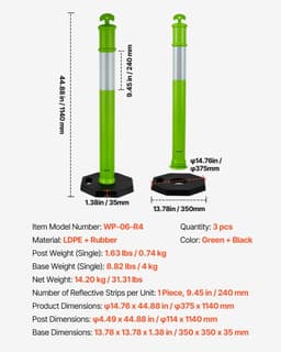 image-VEVOR 3 Pack Traffic Delineator Posts, 48 inches Traffic Safety Cones with Weighted Base and Reflective Strips, Heavy Duty Delineator Posts for Construction Site, Parking Lot, Crowd Control, Green