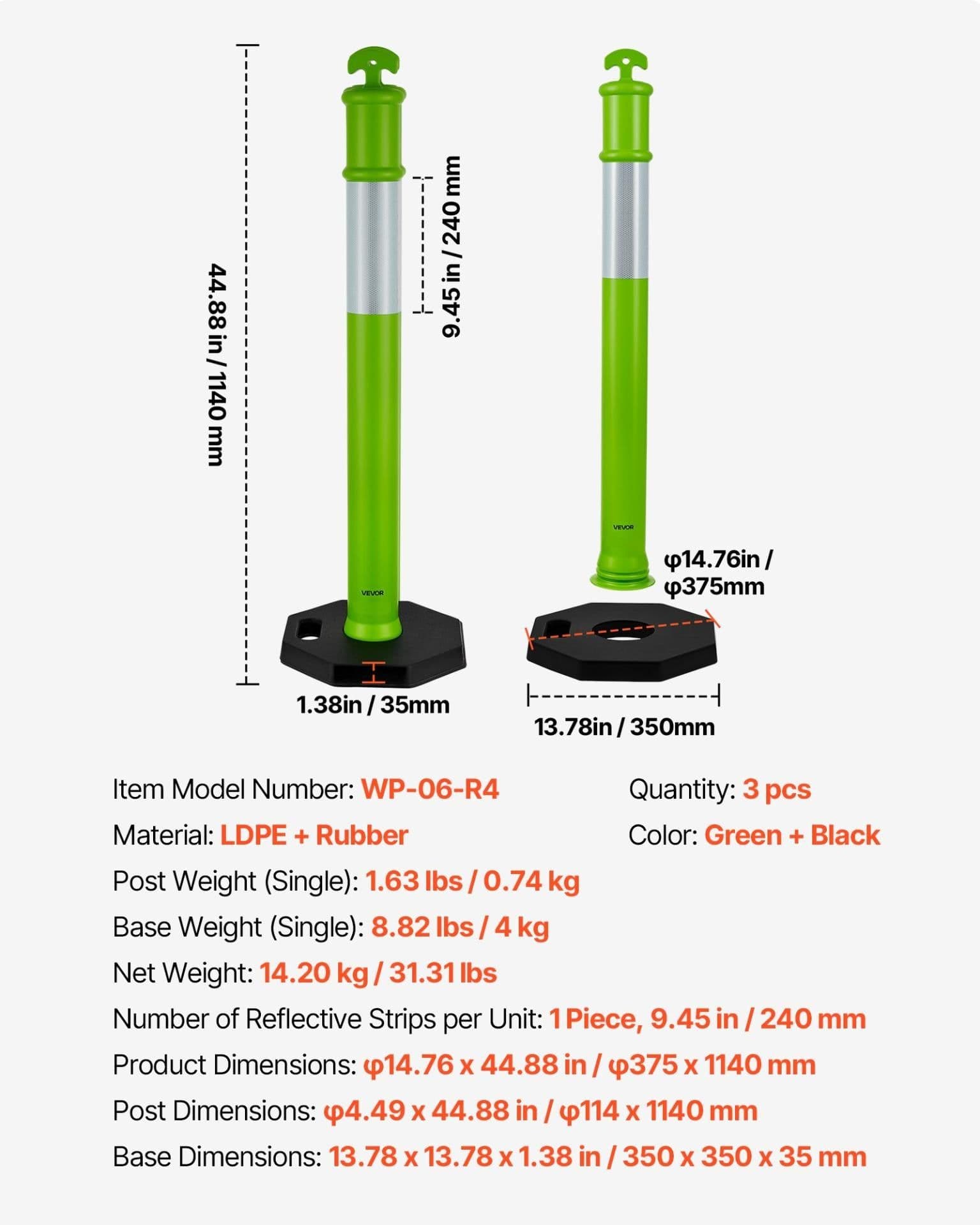 image-VEVOR 3 Pack Traffic Delineator Posts, 48 inches Traffic Safety Cones with Weighted Base and Reflective Strips, Heavy Duty Delineator Posts for Construction Site, Parking Lot, Crowd Control, Green