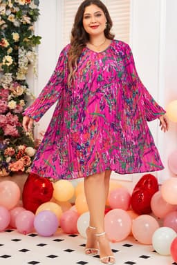 image-Plus Size Floral Print Pleated Dress - Abstract Design, Loose Fit