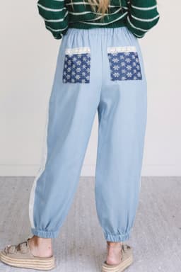 image-Beau Blue Lace Accent Floral Patched Pocket Pleated Wide Leg Slouchy Pants