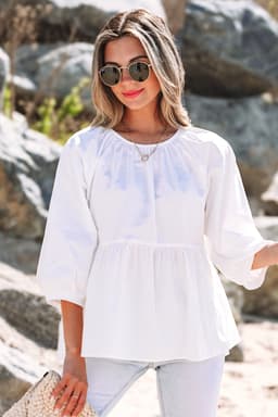 image-White Bow Knot Cutout Back Loose Fit 3/4 Sleeve Blouse
