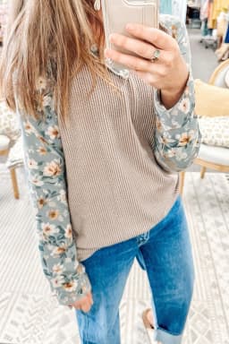 image-Parchment Twist Ribbed Floral Patchwork Top