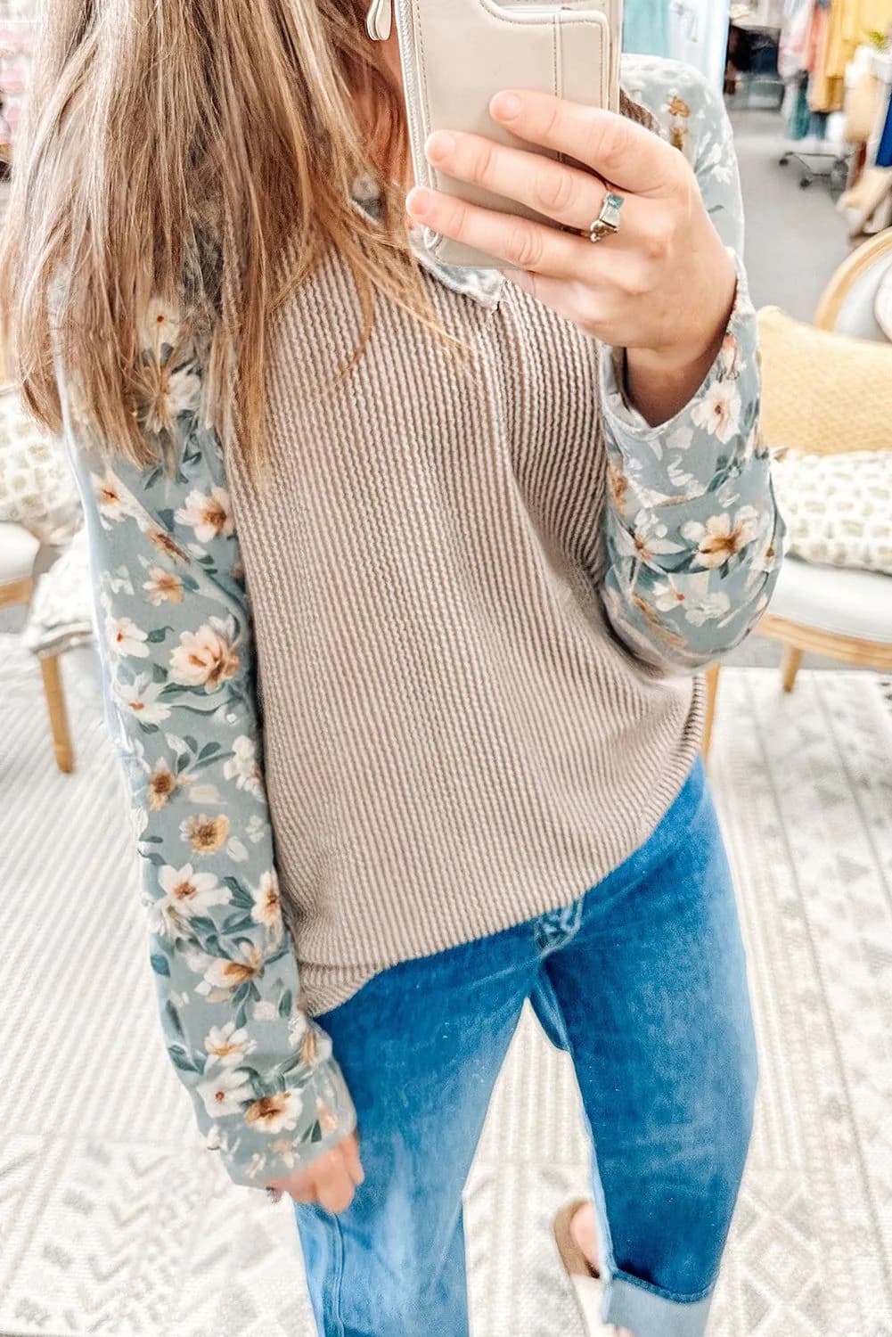 image-Parchment Twist Ribbed Floral Patchwork Top