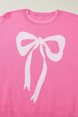 image-Sachet Pink Big Ribbon Bow Print Contrast Stitch Trim Drop Shoulder Sweater