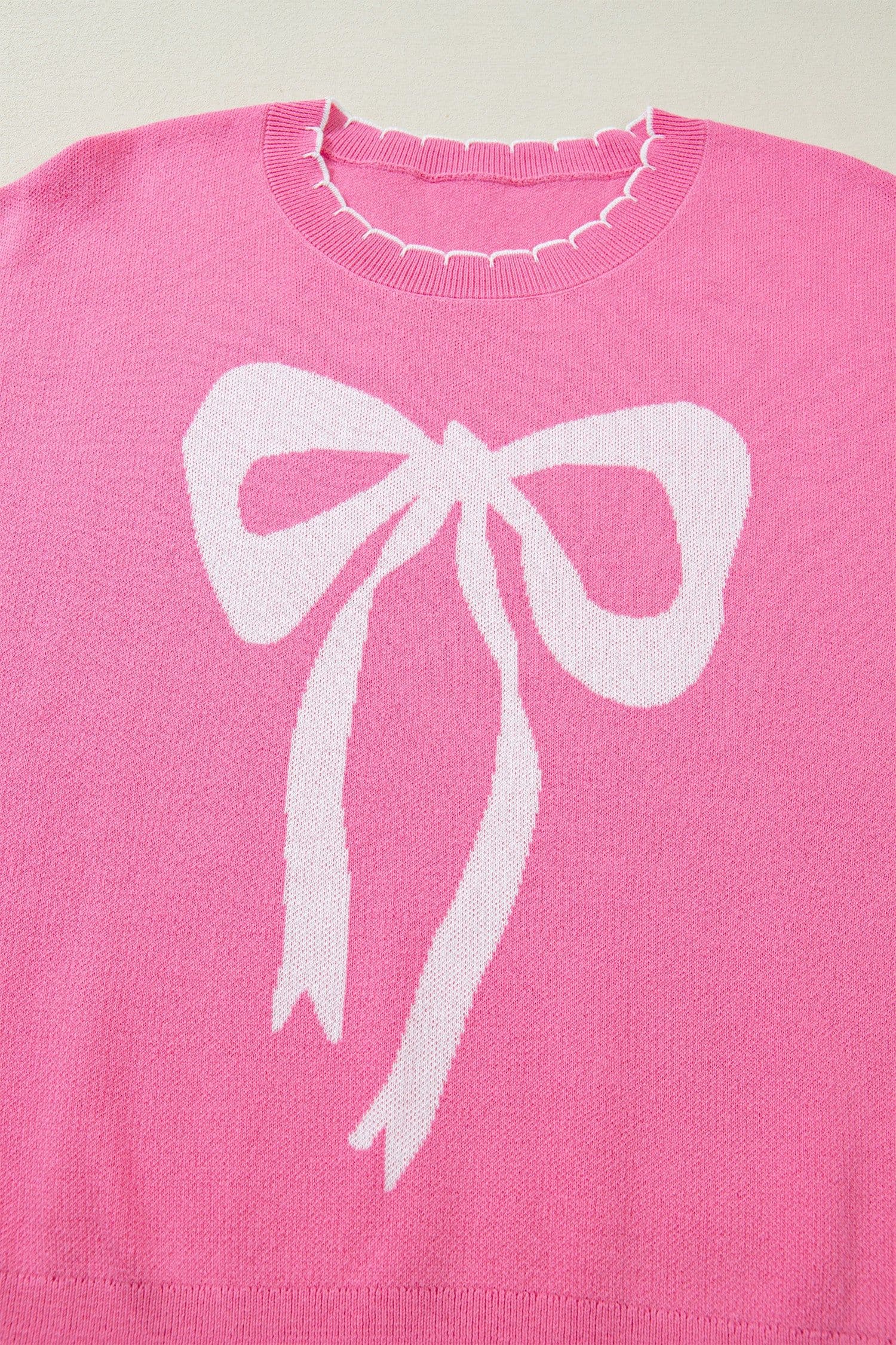 image-Sachet Pink Big Ribbon Bow Print Contrast Stitch Trim Drop Shoulder Sweater