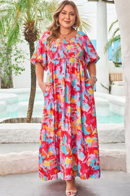 image-Rose Abstract Printed Puff Sleeve Smocked Dress Plus