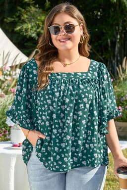image-Plus Size Floral Print Blouse - Green Ruffled Square Neck