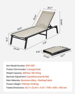 image-VEVOR Outdoor Chaise Lounge Chair, 400 lbs Weight Capacity, Foldable Sun Tanning Chair, 5 Adjustable Positions, Easy Assembly, Heavy Duty Aluminum Pool Recliner Lounge Chairs, for Beach Yard Patio