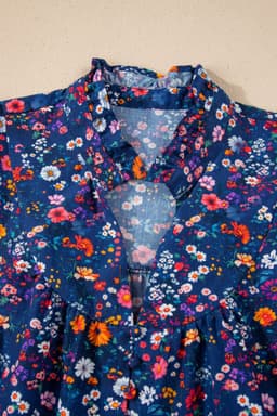 image-Blue Wild Daisy Floral Split Neck Short Puff Sleeve Mini Dress