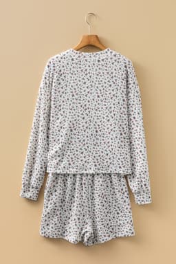 image-White Spiral Ribbed Floral Print Long Sleeve Henley Top Drawstring Short Set