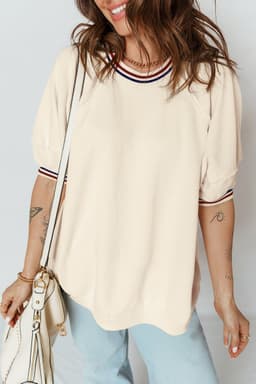 image-Beige Contrast Varsity Striped Neckline Cuffed Short Sleeve Loose Tunic Top