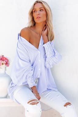 image-Sky Blue Striped Boyfriend Shirt with Pocket - Smocked Cuffs