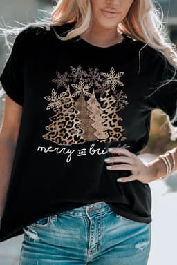 image-Black Leopard Christmas Tree Graphic Crew Neck T-Shirt