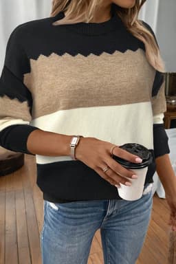 image-Brown Colorblock Crew Neck Drop Shoulder Sweater