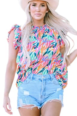 image-Rose Red Floral Print Blouse - Ruffled Flutter Sleeve, Chic Floral