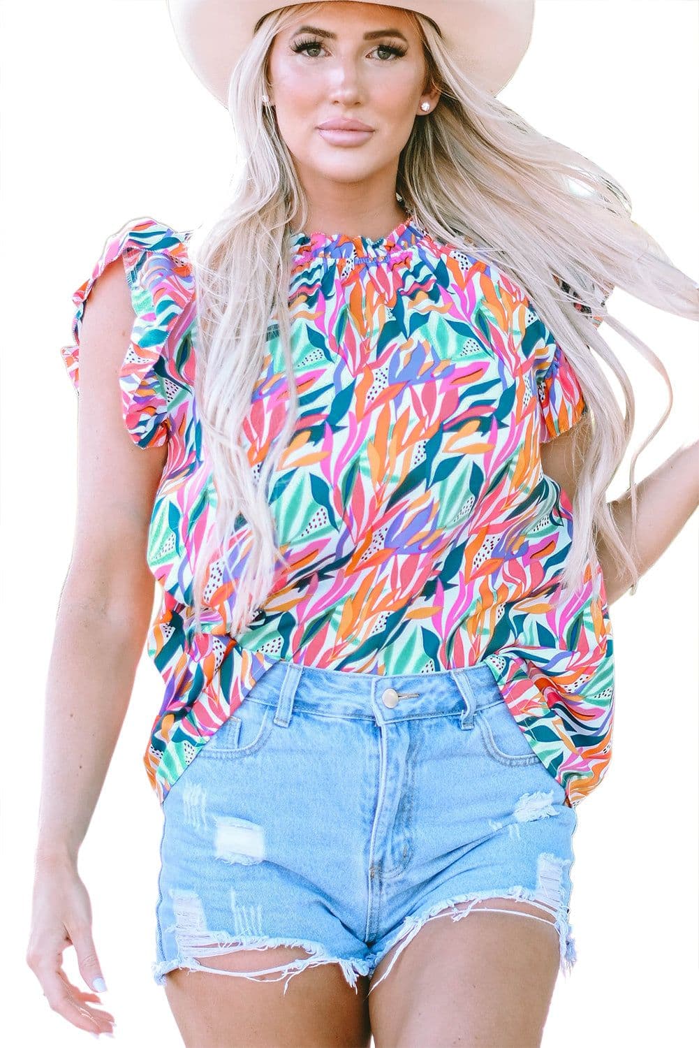 image-Rose Red Floral Print Blouse - Ruffled Flutter Sleeve, Chic Floral