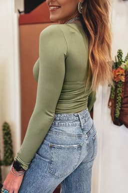 image-Laurel Green Long Sleeve Fitted Top - U-Neck