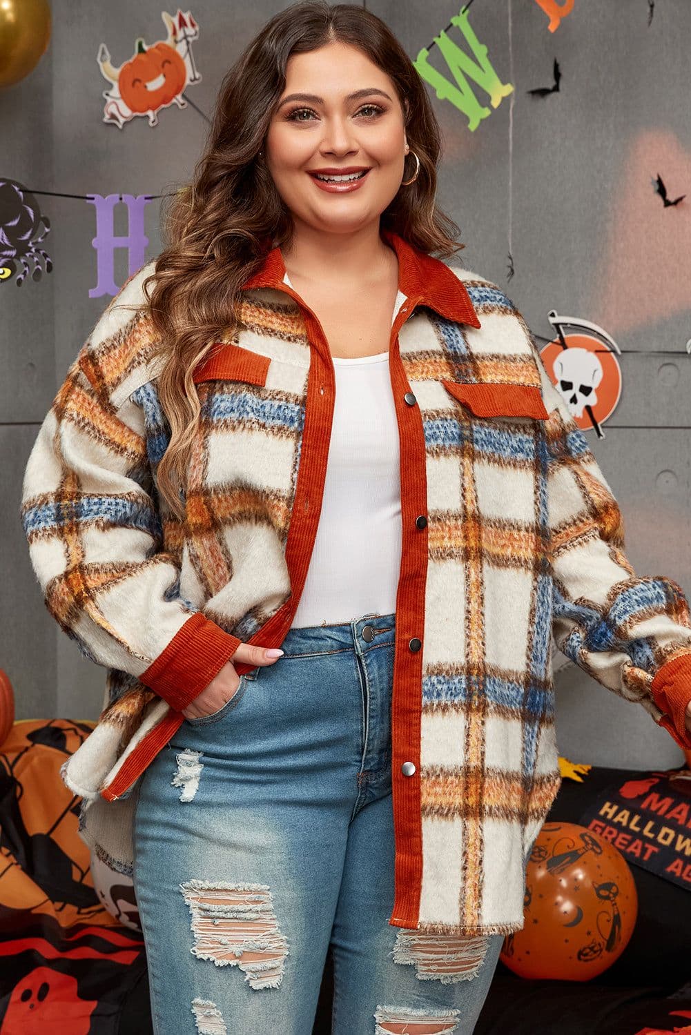 image-Brown Stripe Plaid Print Plus Size Jacket