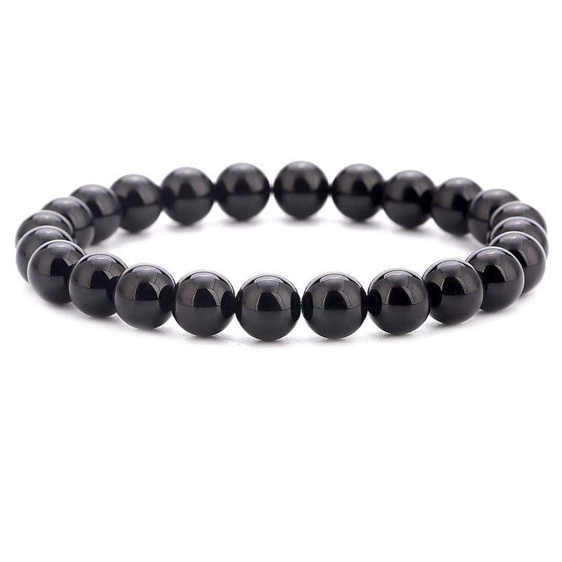 image-Natural Stone Beads Black Lava Rock Stone White Stretch Charm Strand Bracelet