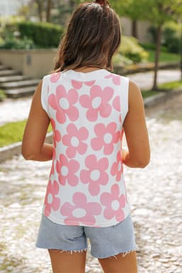 image-Pink Flower Knitted V Neck Tank Top