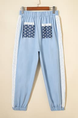 image-Beau Blue Lace Accent Floral Patched Pocket Pleated Wide Leg Slouchy Pants