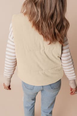 image-Beige Corduroy Puffer Vest Zip Stand Neck