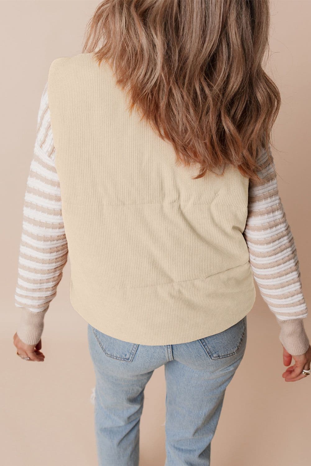 image-Beige Corduroy Puffer Vest Zip Stand Neck