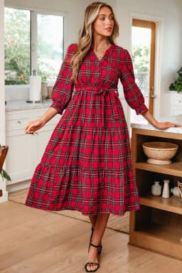 image-Red Christmas Plaid V Neck 3/4 Sleeve Tie Waist Dress