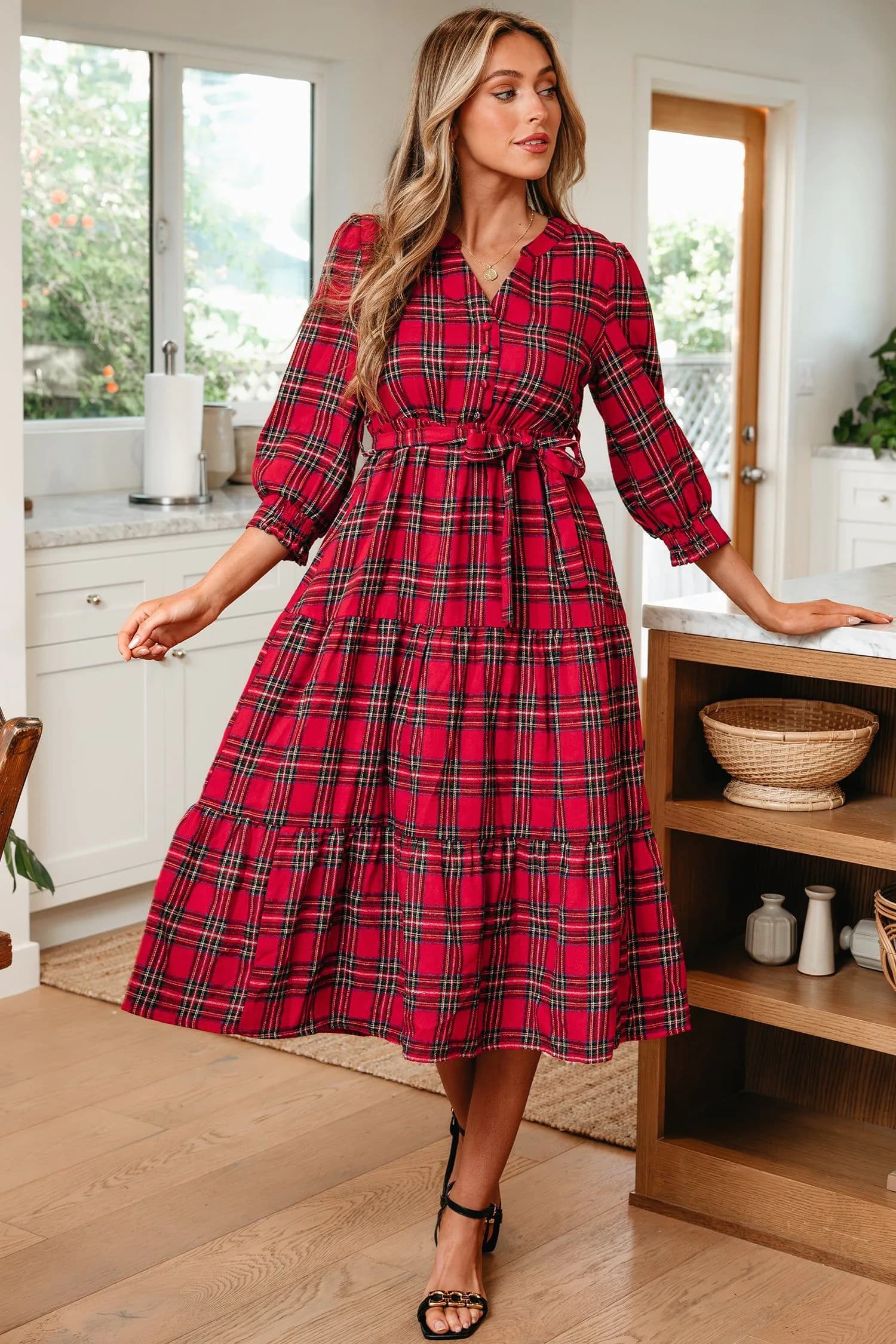 image-Red Christmas Plaid V Neck 3/4 Sleeve Tie Waist Dress