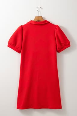 image-Fiery Red Textured Collared V Neck Puff Short Sleeve Shift Mini Dress
