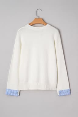 image-White Plaid Heart Embroidered Cuffed Drop Shoulder Crew Neck Sweater
