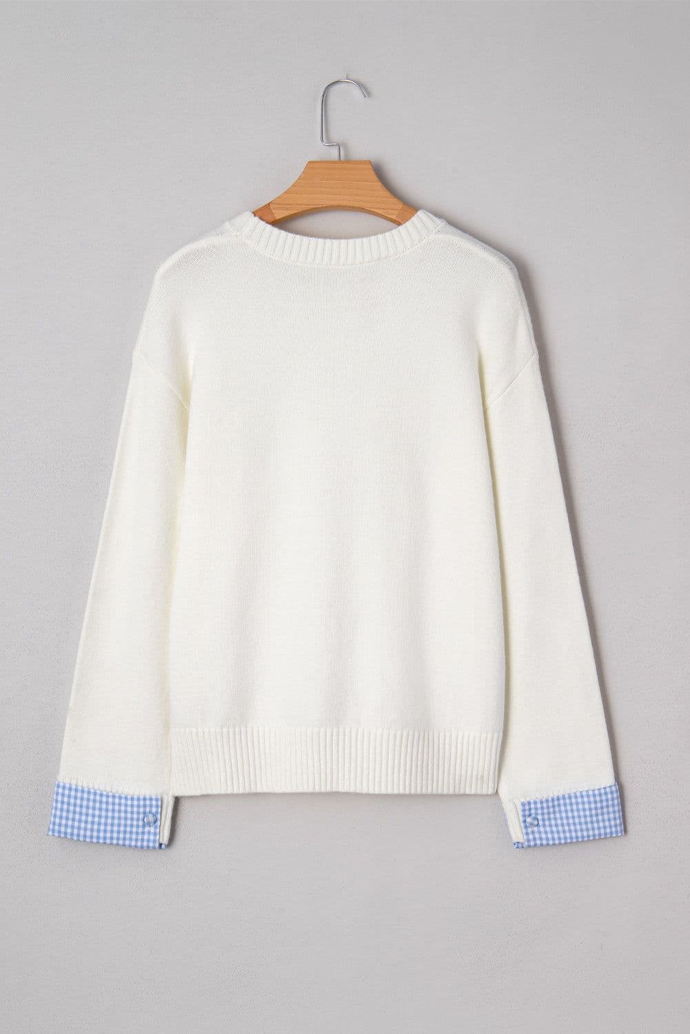 image-White Plaid Heart Embroidered Cuffed Drop Shoulder Crew Neck Sweater