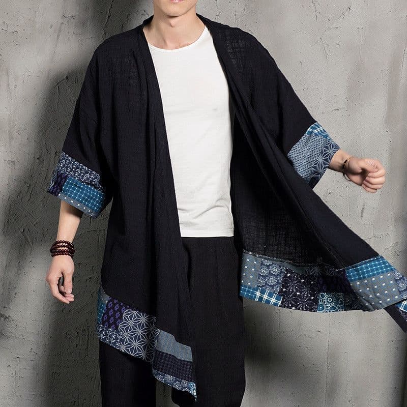 image-Men's Tang Suit Linen Cardigan - Blue Plaid 4XL