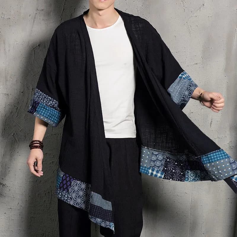 image-Men's Tang Suit Linen Cardigan - Blue Plaid 4XL