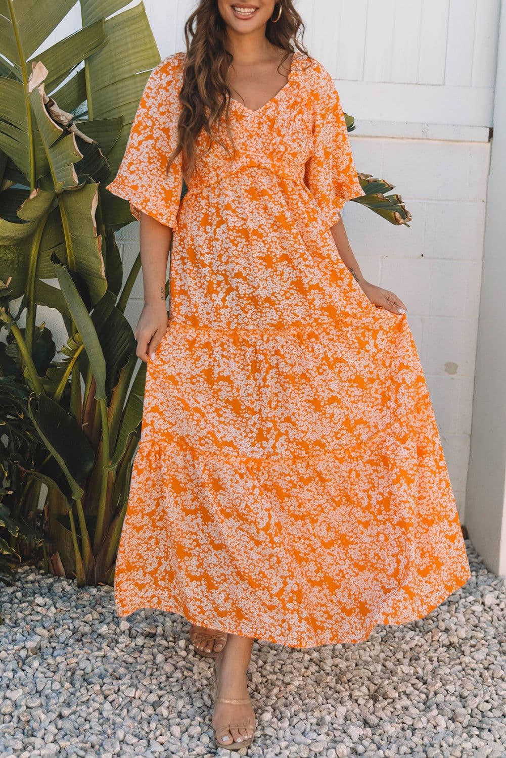 image-Orange Floral Smocked V Neck Maxi Dress Wide Sleeve