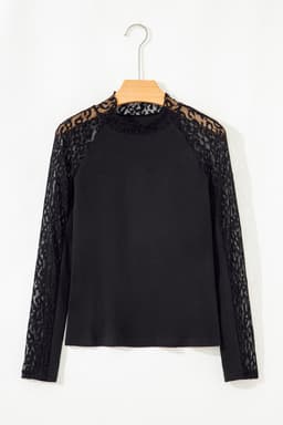 image-Black Leopard Mesh Patchwork Knit Long Sleeve Top