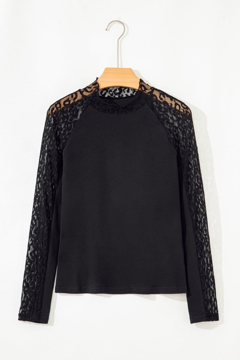image-Black Leopard Mesh Patchwork Knit Long Sleeve Top