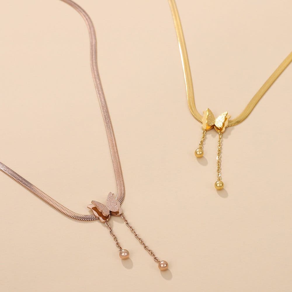 image-Stainless Steel Butterfly Pendant Necklace Women Snake Chain