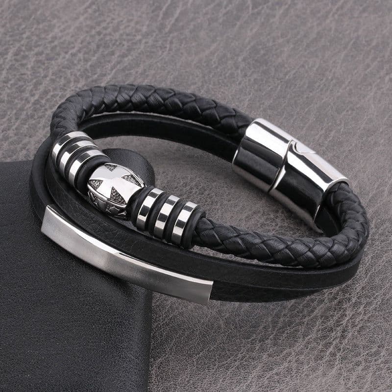 image-Men's Stainless Steel Cross Multilayer Leather Braided Bracelet