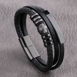 image-Men's Stainless Steel Cross Multilayer Leather Braided Bracelet