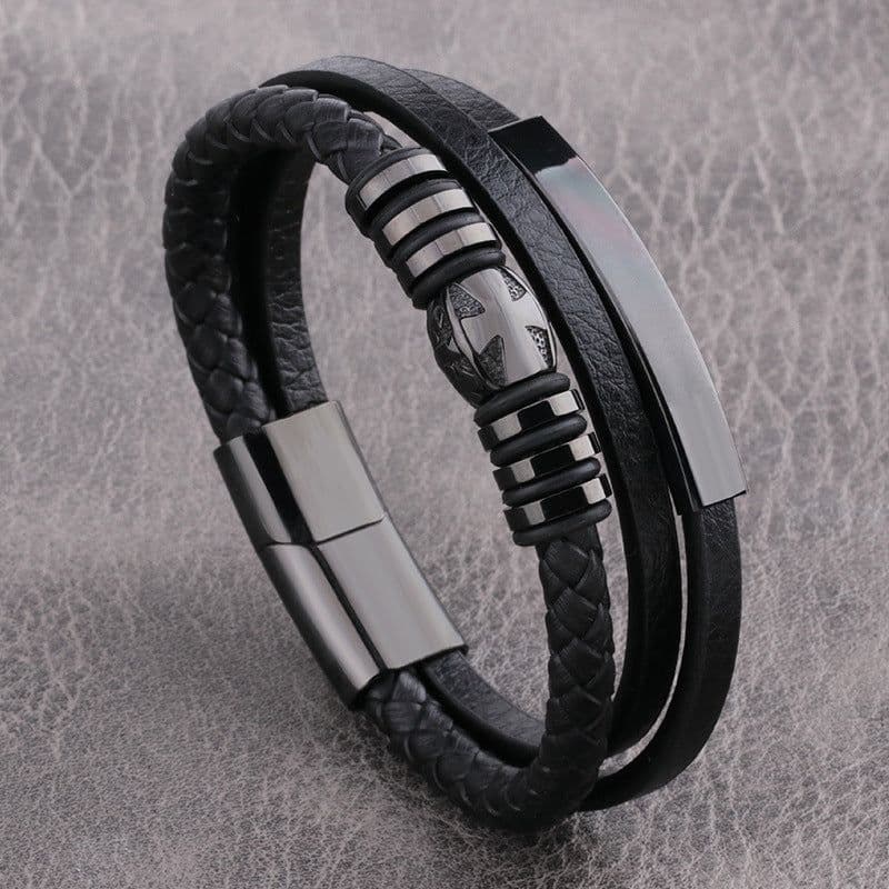 image-Men's Stainless Steel Cross Multilayer Leather Braided Bracelet