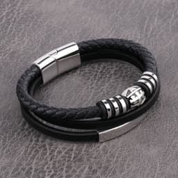 image-Men's Stainless Steel Cross Multilayer Leather Braided Bracelet