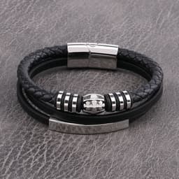 image-Men's Stainless Steel Cross Multilayer Leather Braided Bracelet